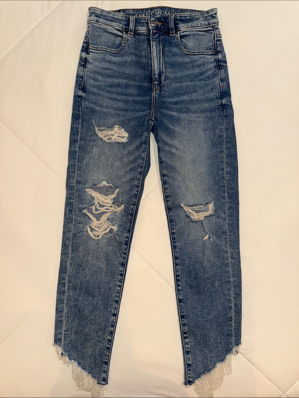 American Eagle Outfitters Distressed Cropped High-Rise Blue Jeans